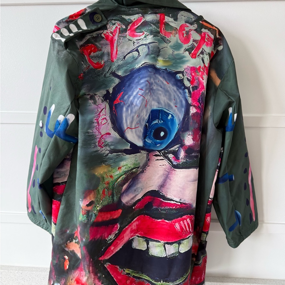 Hand-Painted Graphic Trench Coat — Olive with Bright Artwork